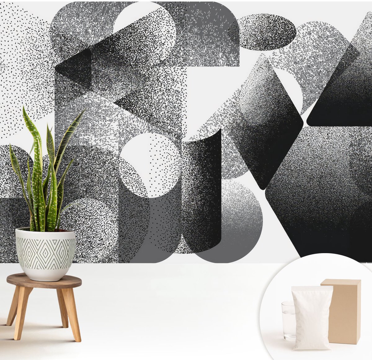 Wallfluent Fotobehang - Zwart-Wit Vliesbehang - 208x146 cm - Geometrische Vormen Fotobehang Vlies - Hal behang Abstractie - Muurschildering - Woonkamer behang
