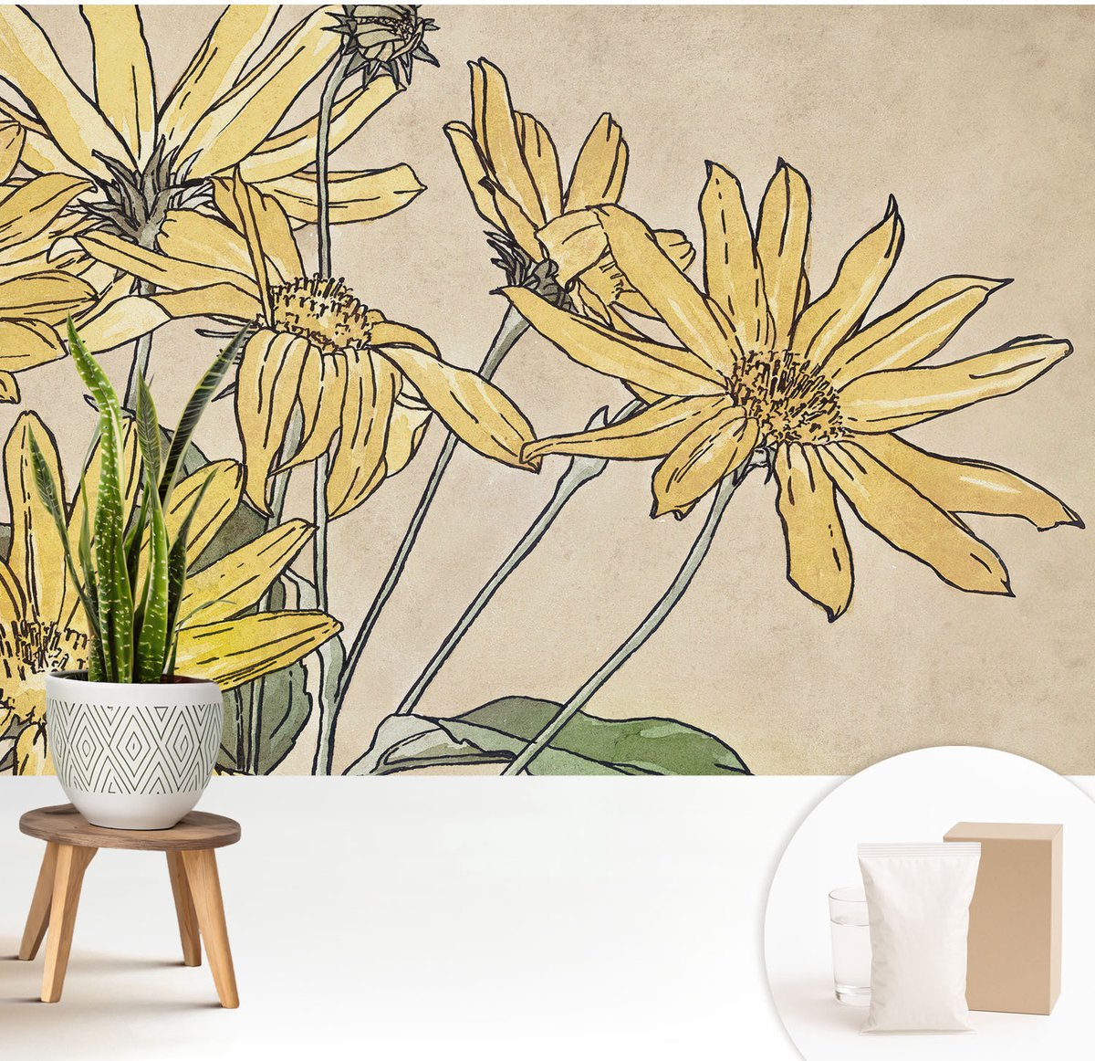 Wallfluent Fotobehang - Wit Vliesbehang - 208x146 cm - Aquarel Bloemen Muurschildering - Slaapkamer behang Bloemen En Planten - Fotobehang Vlies - Gang behang