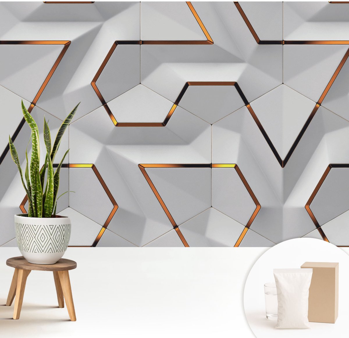 Wallfluent Fotobehang - Wit Vliesbehang - 208x146 cm - Driedimensionale Patronen Muurschildering - Slaapkamer behang Geometrie - Fotobehang Vlies - Gang behang
