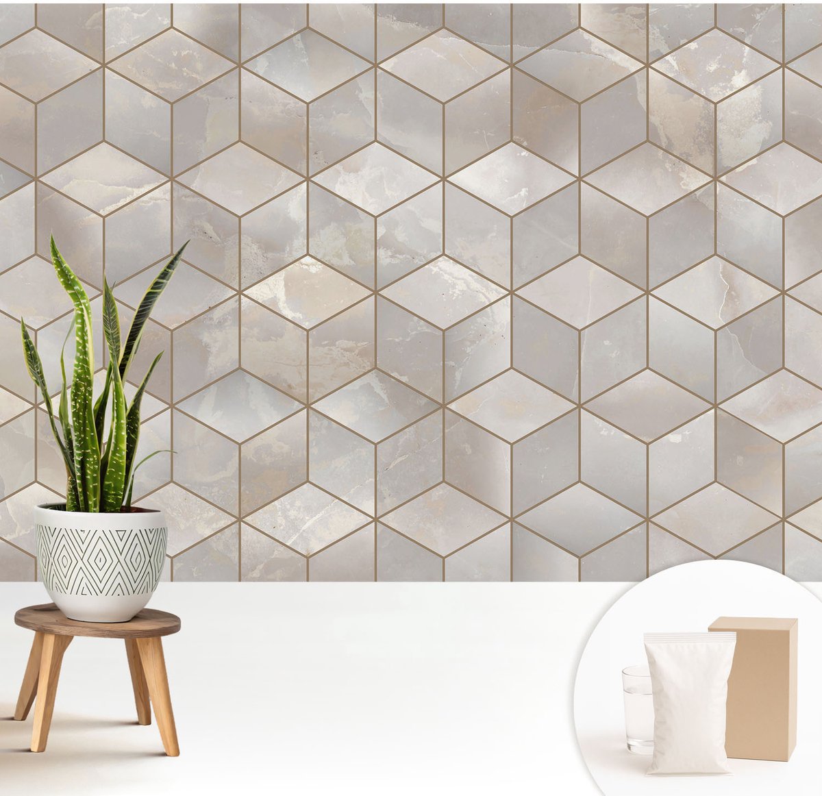 Wallfluent Fotobehang - Grijs Vliesbehang - 208x146 cm - Geometrische Mozaïek Fotobehang Vlies - Woonkamer behang Geometrie - Muurschildering - Woonkamer behang