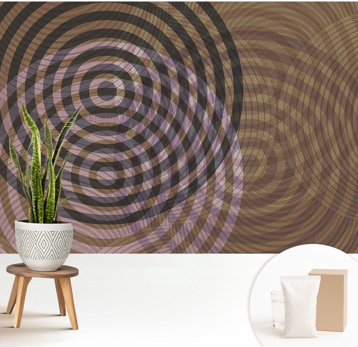 Wallfluent Fotobehang - Bruin Vliesbehang - 208x146 cm - Hypnotiserende Cirkels Muurschildering - Slaapkamer behang Abstractie - Fotobehang Vlies - Slaapkamer behang