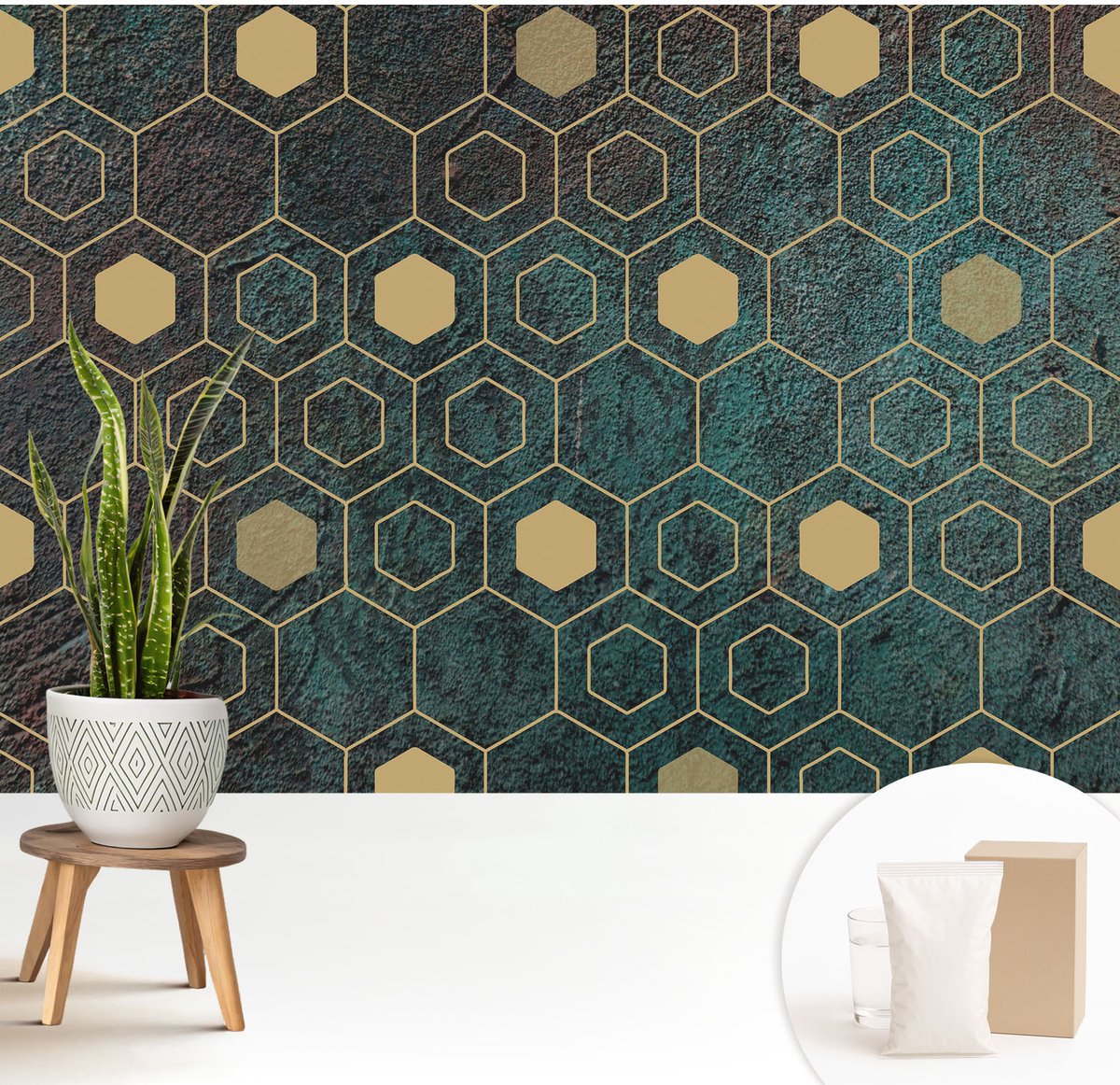 Wallfluent Fotobehang - Groente Vliesbehang - 208x146 cm - Geometrische Zeshoeken Fotobehang Vlies - Hal behang Achtergronden En Patronen - Muurschildering - Woonkamer behang