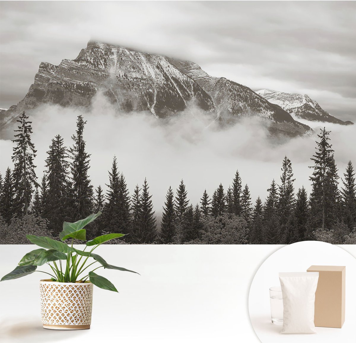 Wallfluent Fotobehang - Zwart-Wit Vliesbehang - 152x104 cm - Berglandschap Muurschildering - Slaapkamer behang Landschappen - Fotobehang Vlies - Slaapkamer behang