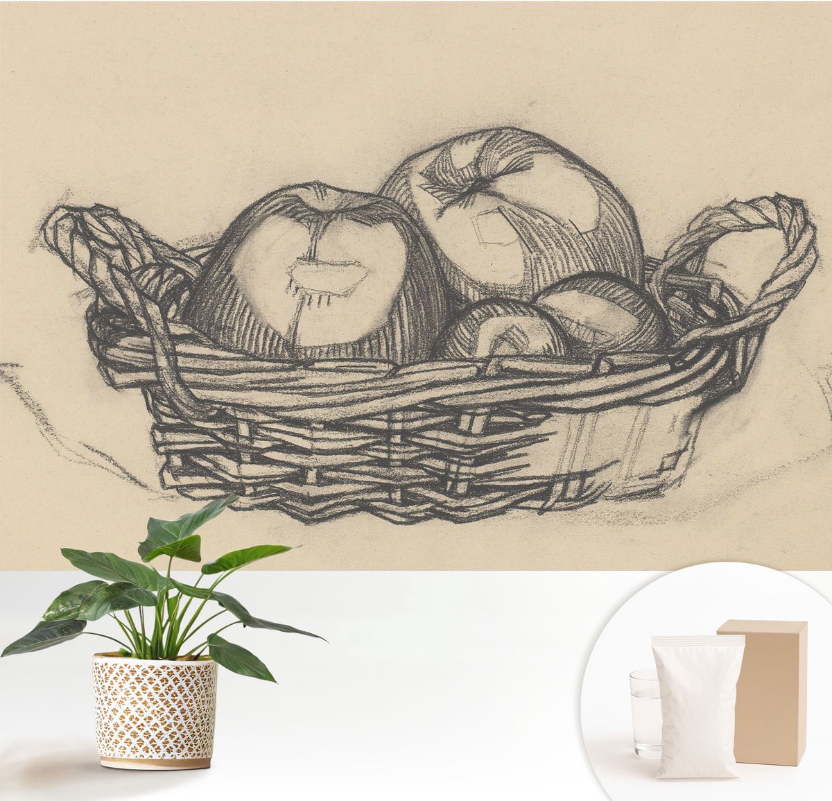 Wallfluent Fotobehang - Wit Vliesbehang - 152x104 cm - Fruitmand Fotobehang Vlies - Woonkamer behang Deel - Muurschildering - Hal behang