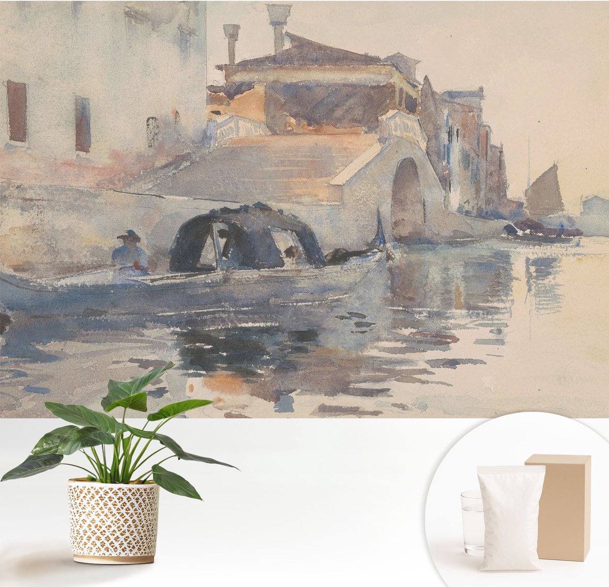 Wallfluent Fotobehang - Beige Vliesbehang - 152x104 cm - Venetiaanse Harmonie Fotobehang Vlies - Woonkamer behang Landschappen - Muurschildering - Woonkamer behang
