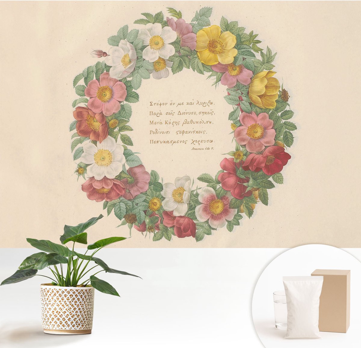 Wallfluent Fotobehang - Grijs Vliesbehang - 152x104 cm - Bloemenkrans Muurschildering - Gang behang Bloemen En Planten - Fotobehang Vlies - Slaapkamer behang
