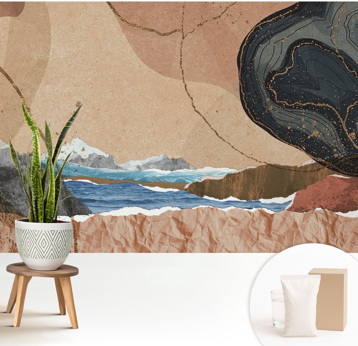 Wallfluent Fotobehang - Bruin Vliesbehang - 208x146 cm - Abstract Landschap Fotobehang Vlies - Hal behang Deel - Muurschildering - Hal behang