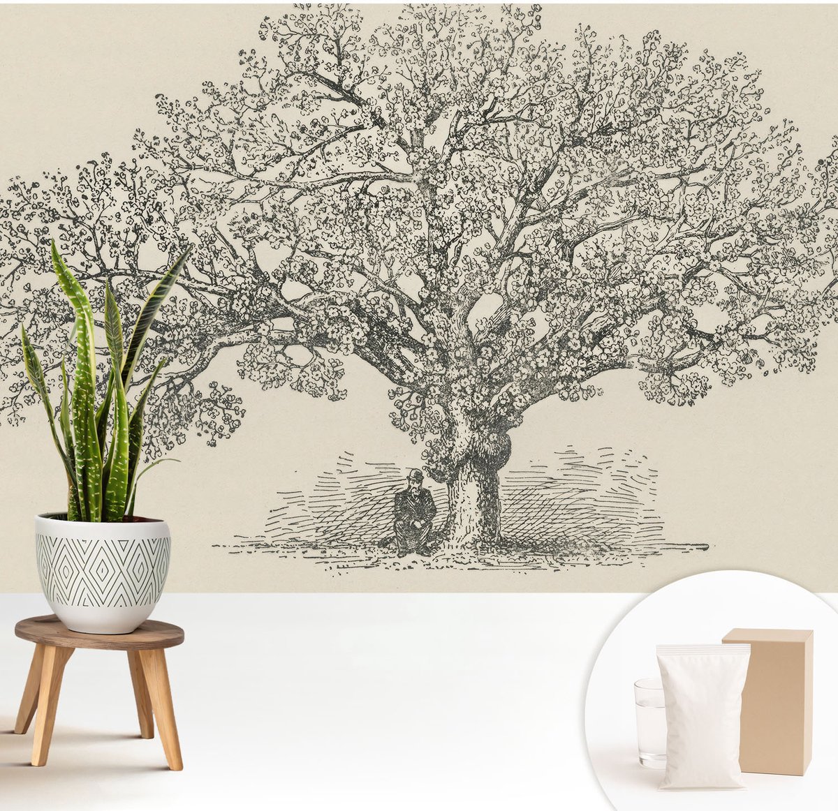 Wallfluent Fotobehang - Zwart-Wit Vliesbehang - 208x146 cm - Boomillustratie Muurschildering - Gang behang Bloemen En Planten - Fotobehang Vlies - Slaapkamer behang