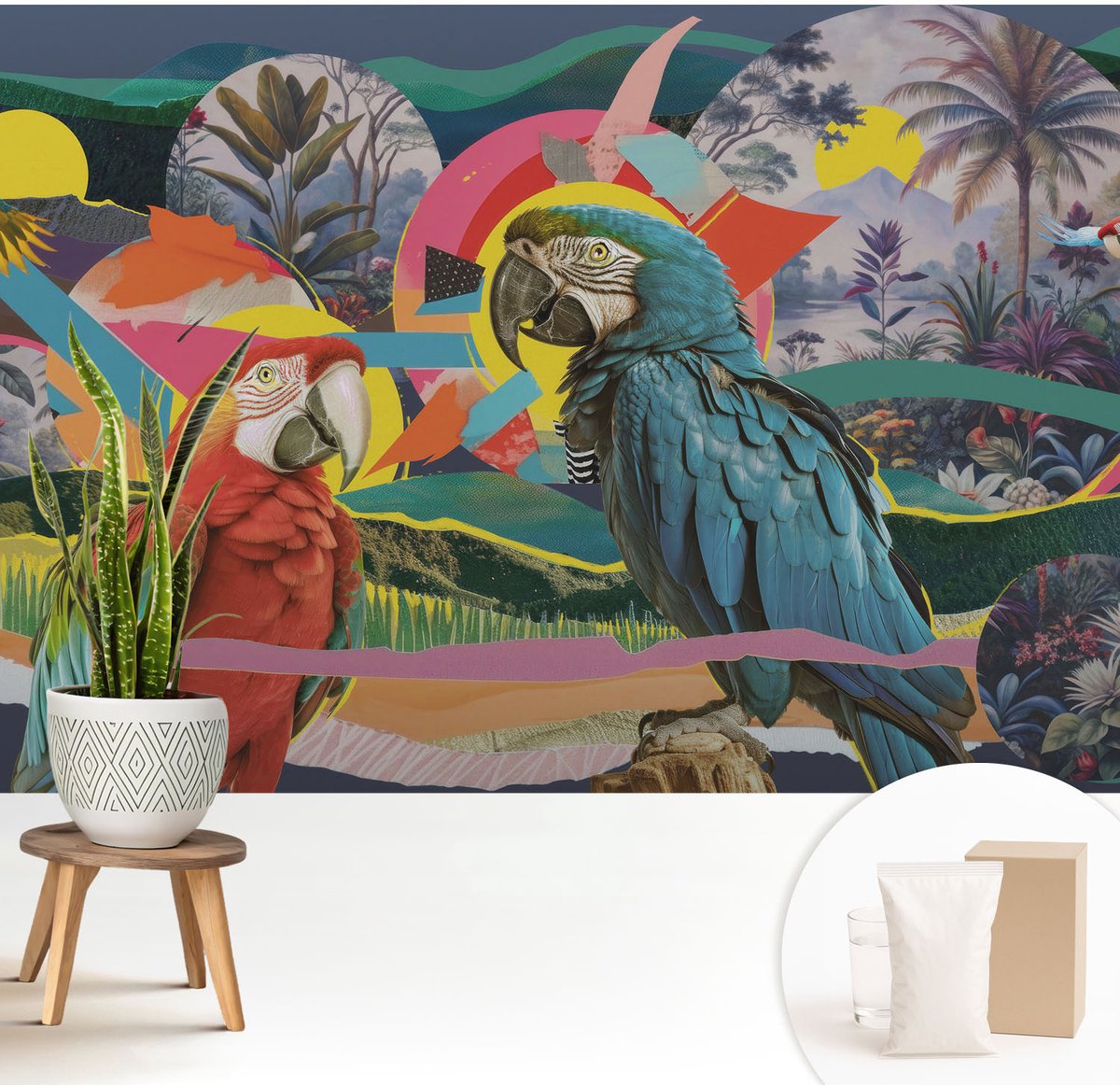 Wallfluent Fotobehang - Blauw Vliesbehang - 208x146 cm - Exotische Vogels Muurschildering - Gang behang Dieren - Fotobehang Vlies - Gang behang