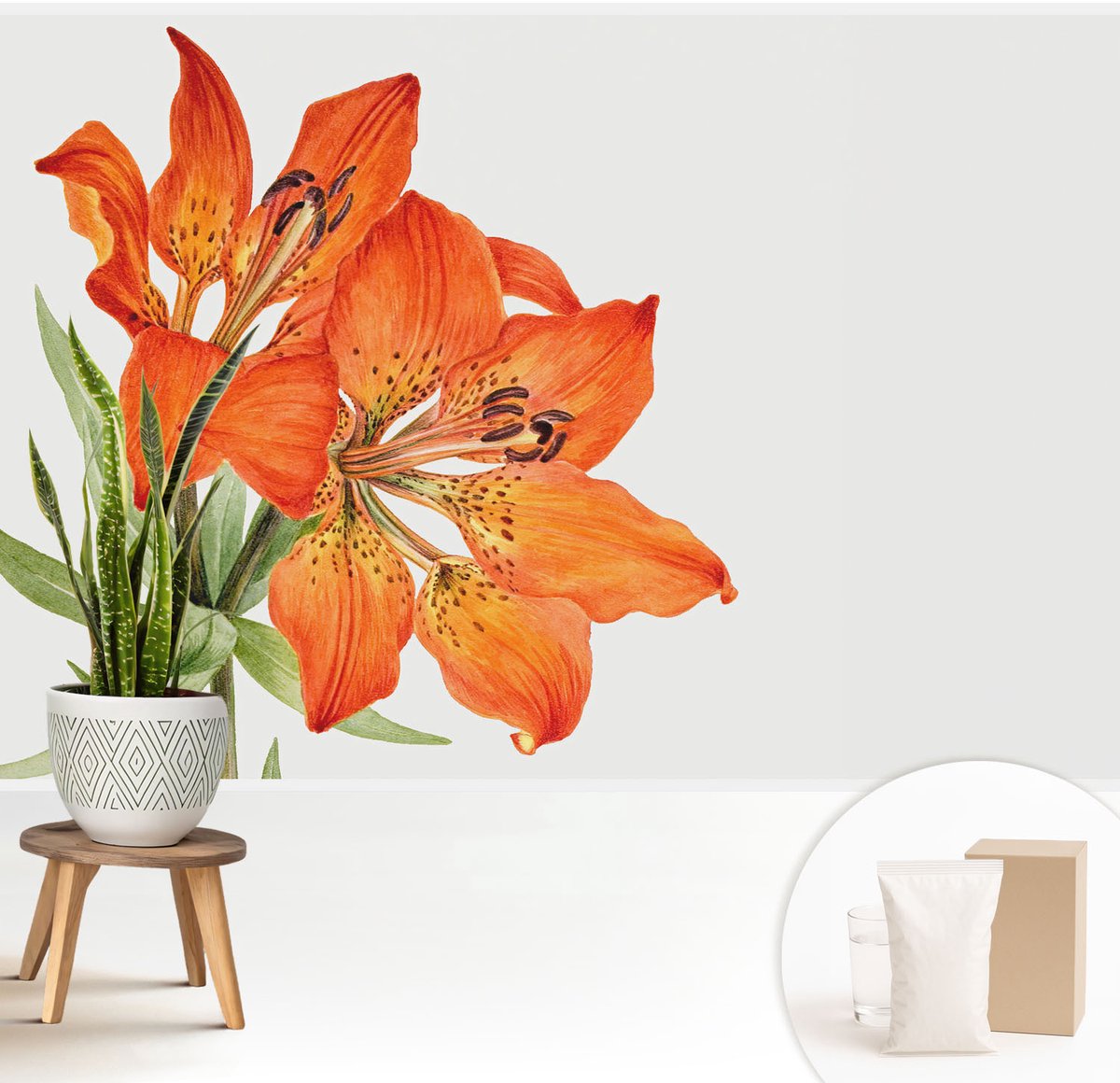 Wallfluent Fotobehang - Oranje Vliesbehang - 208x146 cm - Oranje Lelie Fotobehang Vlies - Hal behang Bloemen En Planten - Muurschildering - Woonkamer behang