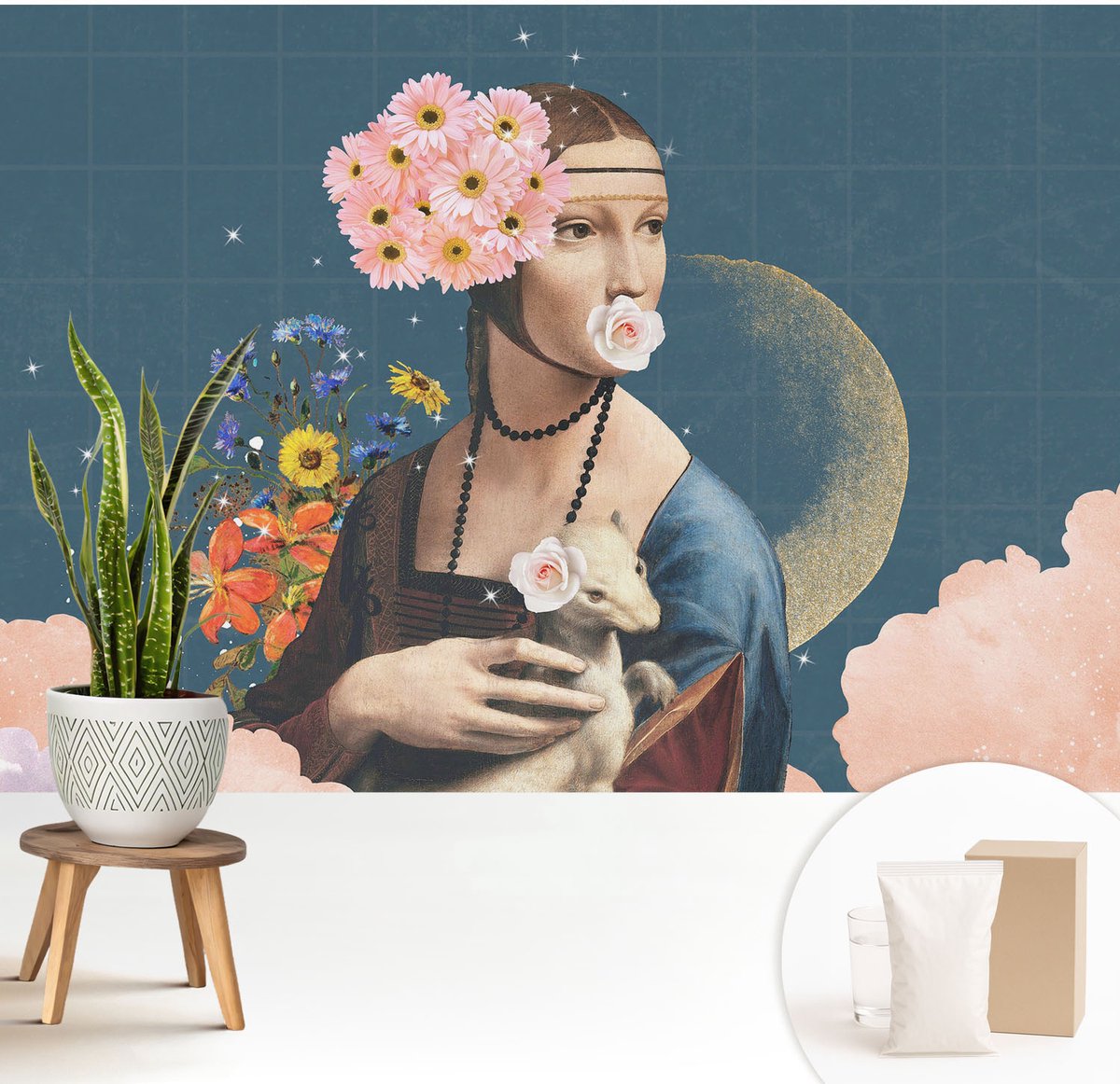 Wallfluent Fotobehang - Blauw Vliesbehang - 208x146 cm - Bloemige Elegantie Muurschildering - Slaapkamer behang Deel - Fotobehang Vlies - Gang behang