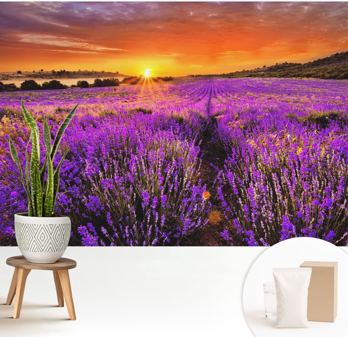 Wallfluent Fotobehang - Paars Vliesbehang - 208x146 cm - Lavendelzonsondergang Fotobehang Vlies - Hal behang Landschappen - Muurschildering - Woonkamer behang