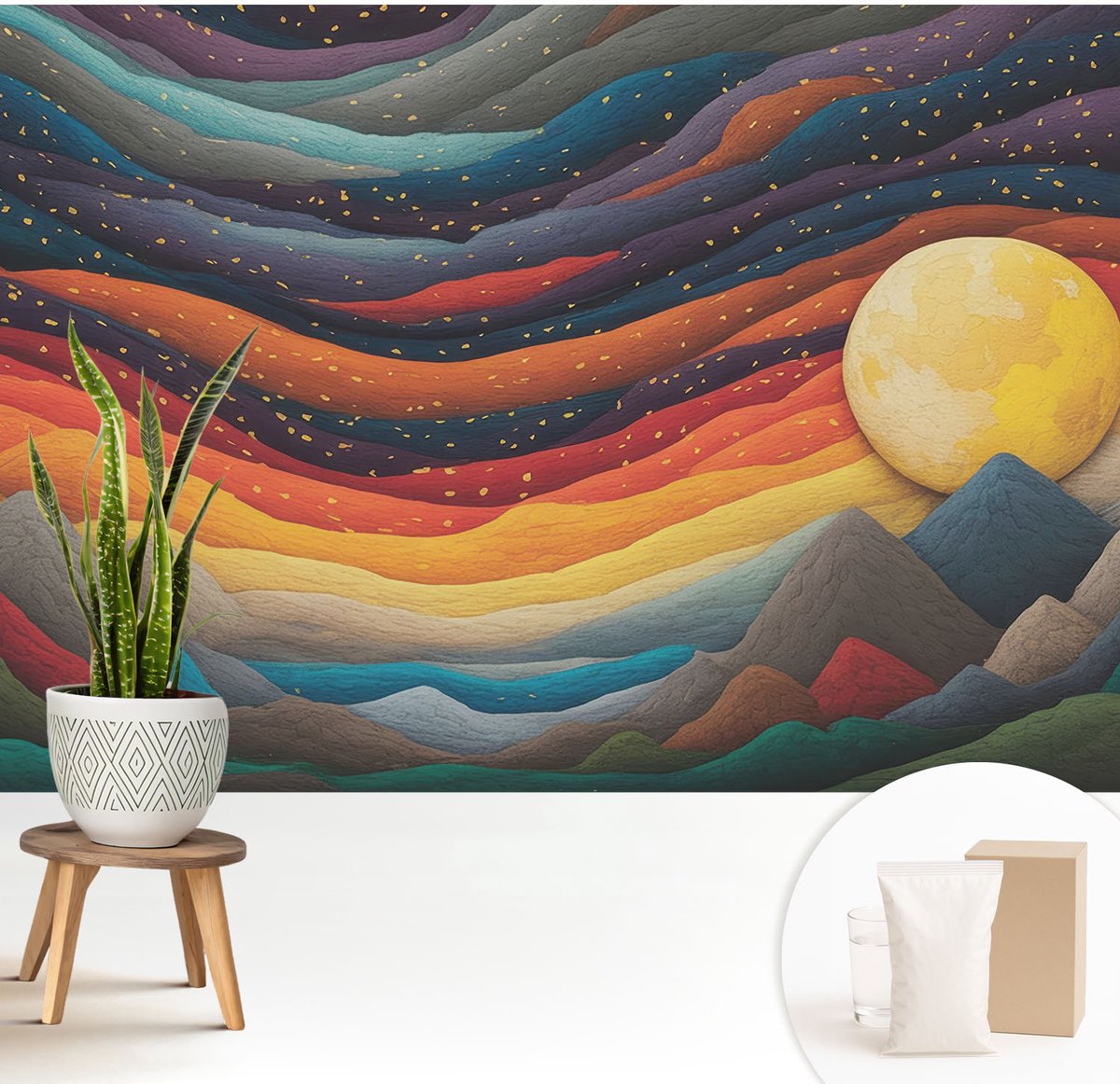 Wallfluent Fotobehang - Oranje Vliesbehang - 208x146 cm - Kleurrijke Bergen Fotobehang Vlies - Woonkamer behang Abstractie - Muurschildering - Woonkamer behang