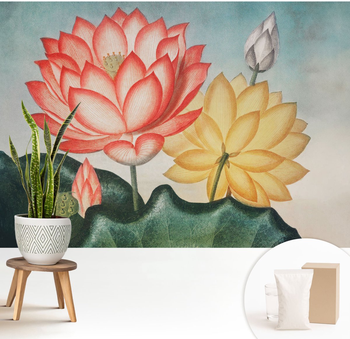 Wallfluent Fotobehang - Rood Vliesbehang - 208x146 cm - Lotusbloemen Muurschildering - Slaapkamer behang Bloemen En Planten - Fotobehang Vlies - Gang behang