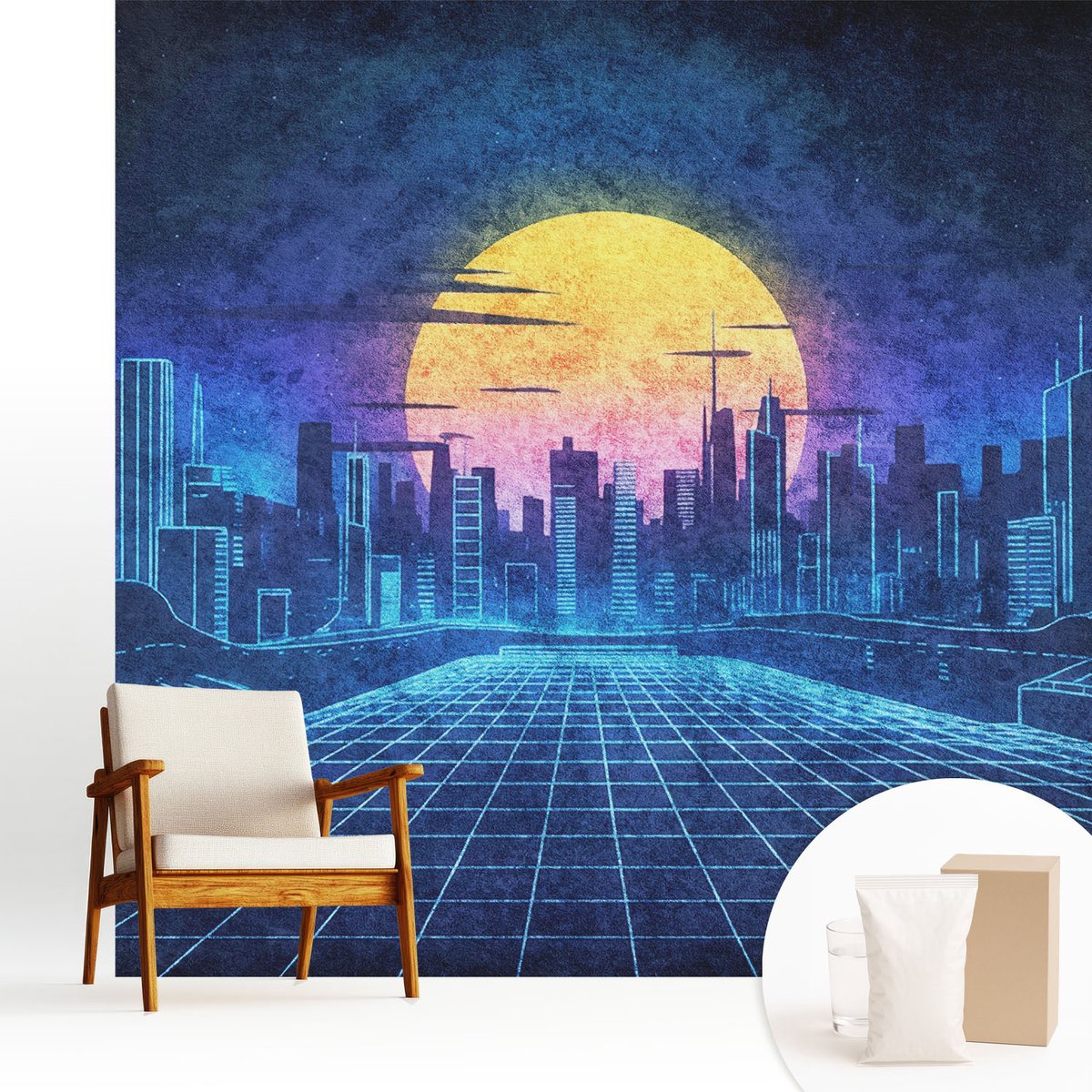 Wallfluent Fotobehang - Blauw Vliesbehang - 250x250 cm - Futuristisch Landschap Muurschildering - Gang behang Steden - Fotobehang Vlies - Gang behang