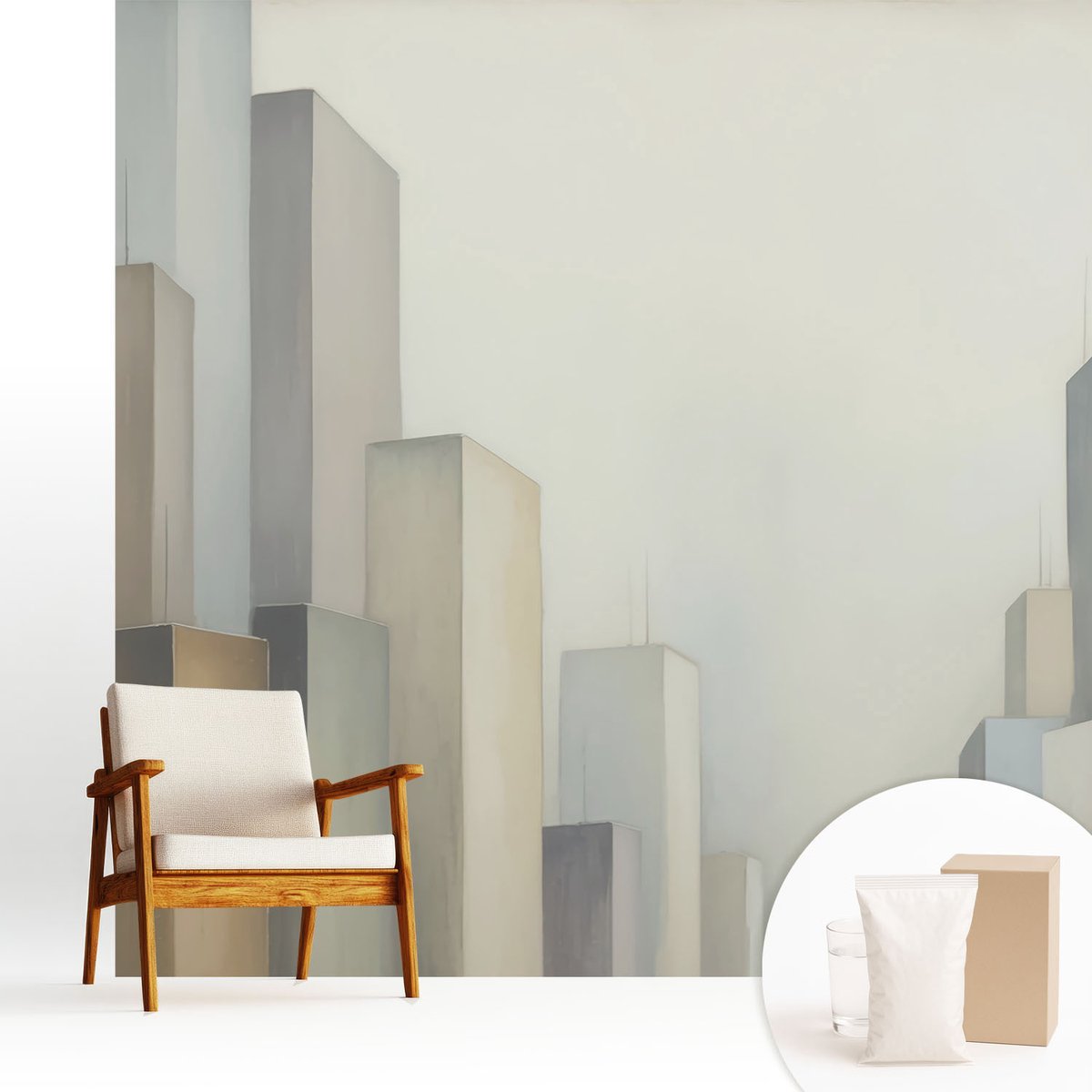 Wallfluent Fotobehang - Grijs Vliesbehang - 250x250 cm - Stadswolkenkrabbers Muurschildering - Gang behang Architectuur - Fotobehang Vlies - Slaapkamer behang