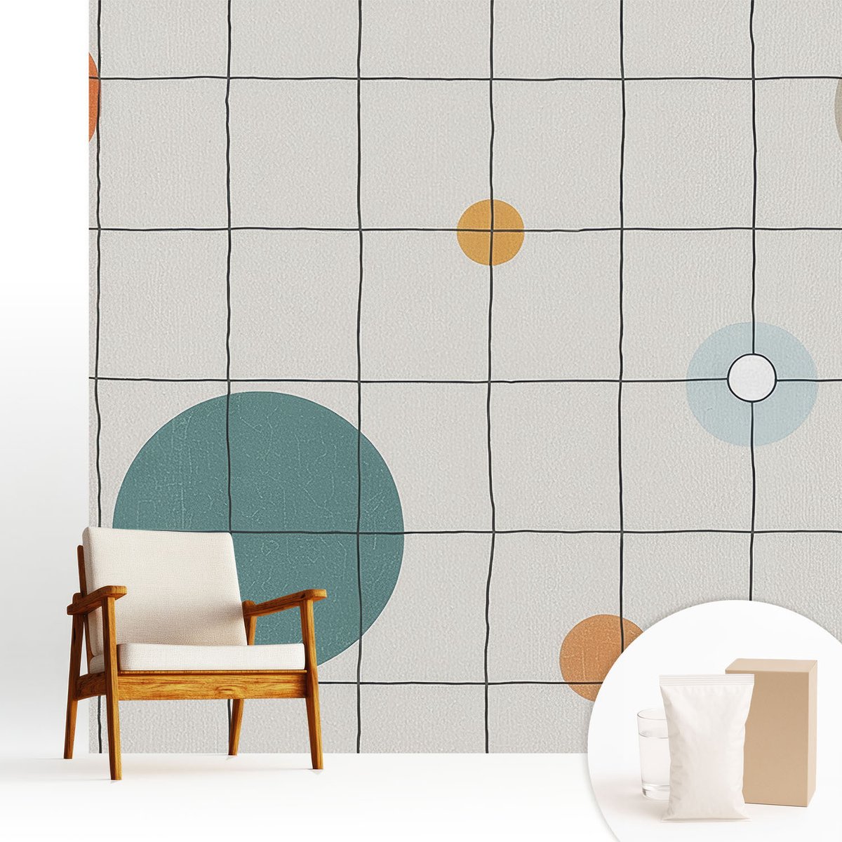 Wallfluent Fotobehang - Wit Vliesbehang - 250x250 cm - Gekleurde Cirkels Fotobehang Vlies - Hal behang Abstractie - Muurschildering - Hal behang