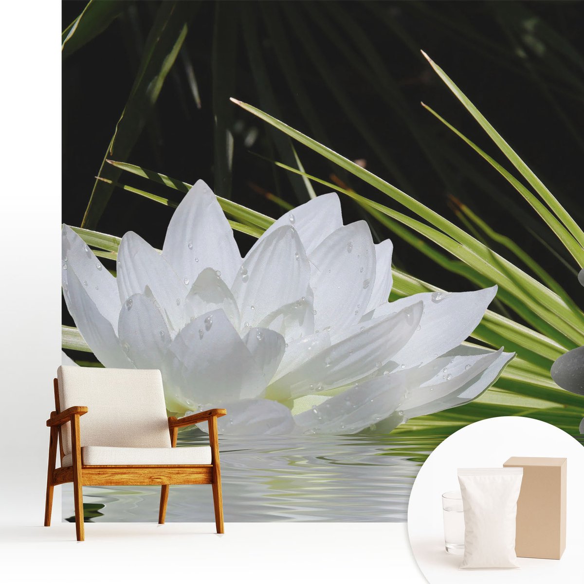Wallfluent Fotobehang - Wit Vliesbehang - 250x250 cm - Lelie-Meditatie Fotobehang Vlies - Woonkamer behang Bloemen En Planten - Muurschildering - Hal behang