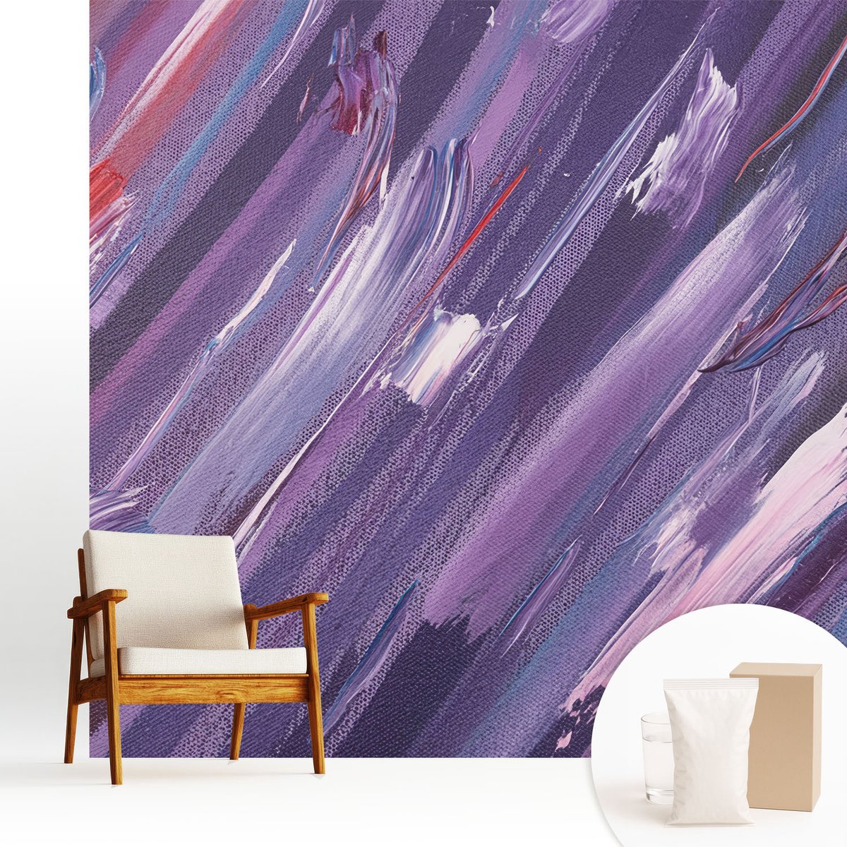 Wallfluent Fotobehang - Paars Vliesbehang - 250x250 cm - Kleurrijke Penseelstreken Muurschildering - Slaapkamer behang Abstractie - Fotobehang Vlies - Slaapkamer behang