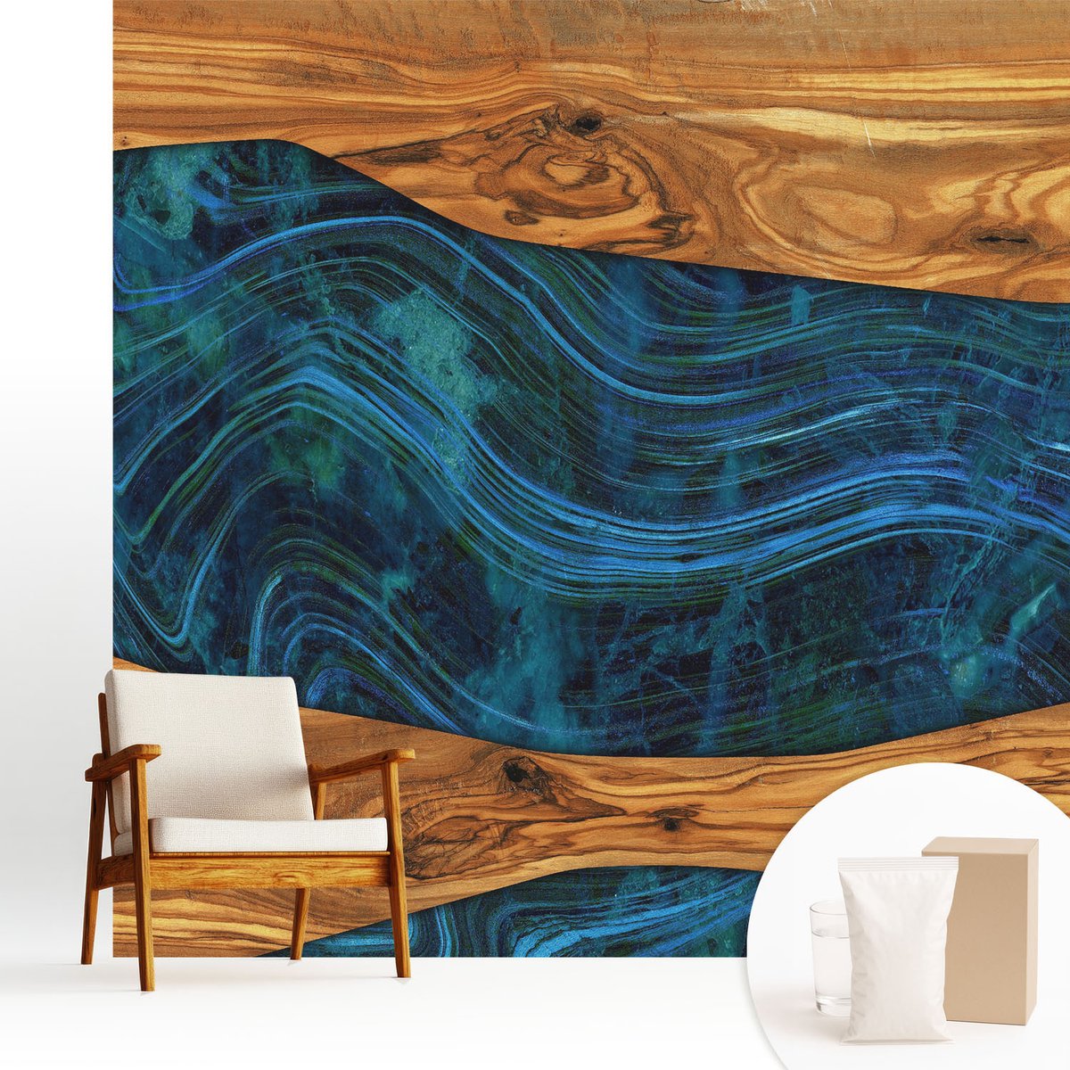 Wallfluent Fotobehang - Bruin Vliesbehang - 250x250 cm - Blauw Hout Fotobehang Vlies - Hal behang Texturen - Muurschildering - Woonkamer behang