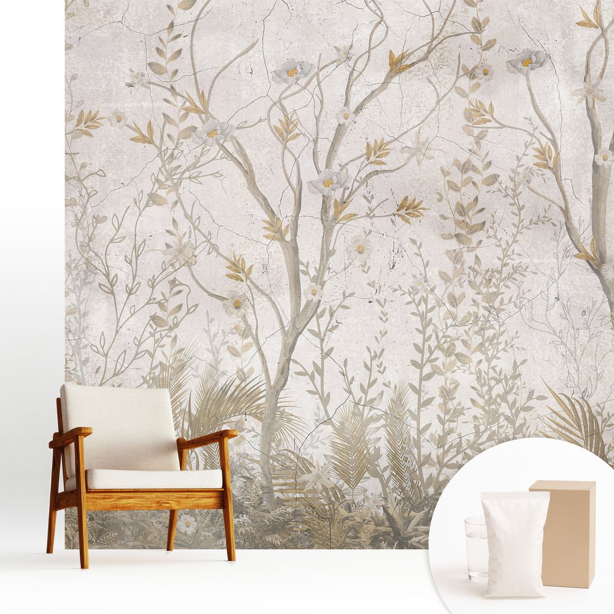 Wallfluent Fotobehang - Beige Vliesbehang - 250x250 cm - Een Boshoek Fotobehang Vlies - Hal behang Bloemen En Planten - Muurschildering - Woonkamer behang
