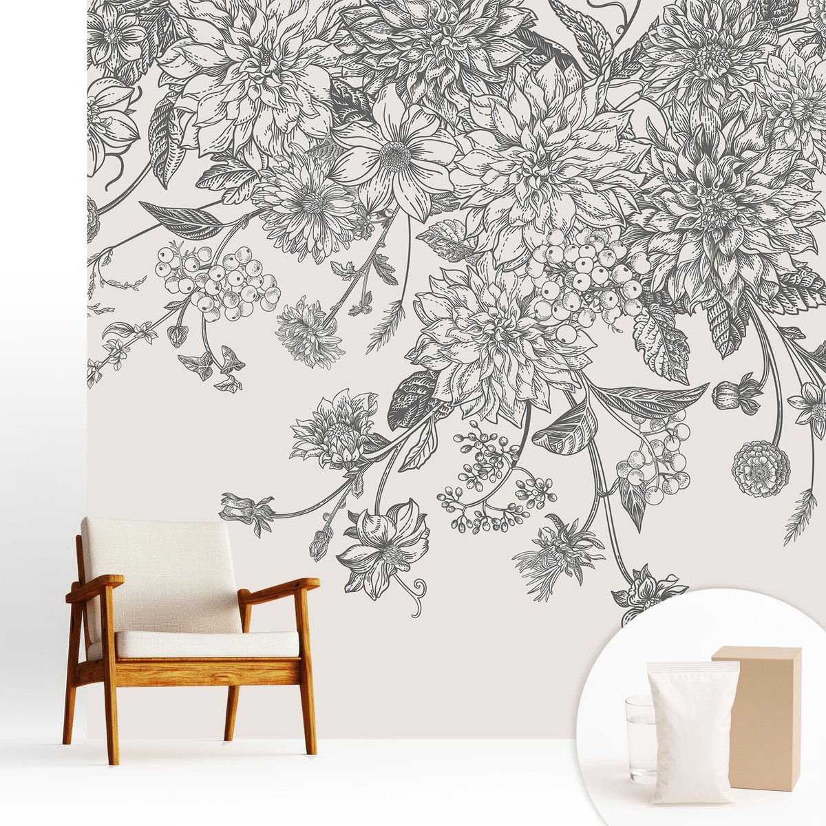 Wallfluent Fotobehang - Wit Vliesbehang - 250x250 cm - Bloemenpatroon Fotobehang Vlies - Woonkamer behang Bloemen En Planten - Muurschildering - Woonkamer behang