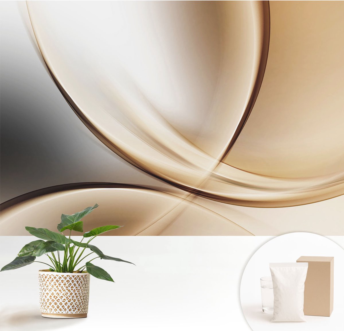 Wallfluent Fotobehang - Beige Vliesbehang - 152x104 cm - Afgeronde Lijnen Fotobehang Vlies - Woonkamer behang Abstractie - Muurschildering - Woonkamer behang