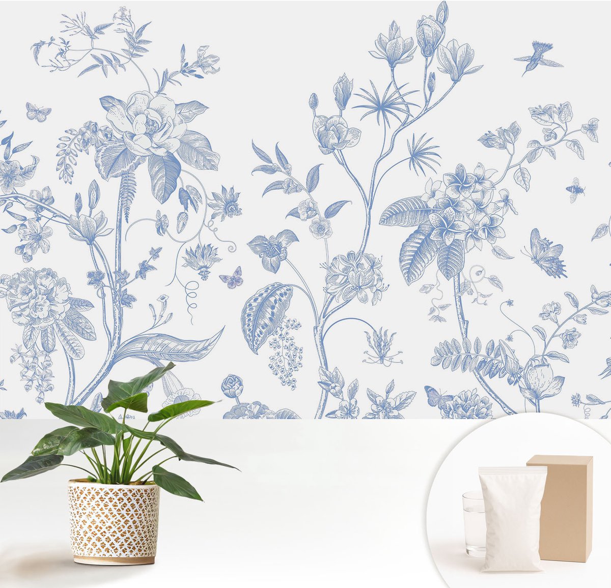 Wallfluent Fotobehang - Wit Vliesbehang - 152x104 cm - Bloemenpatroon Fotobehang Vlies - Woonkamer behang Bloemen En Planten - Muurschildering - Woonkamer behang