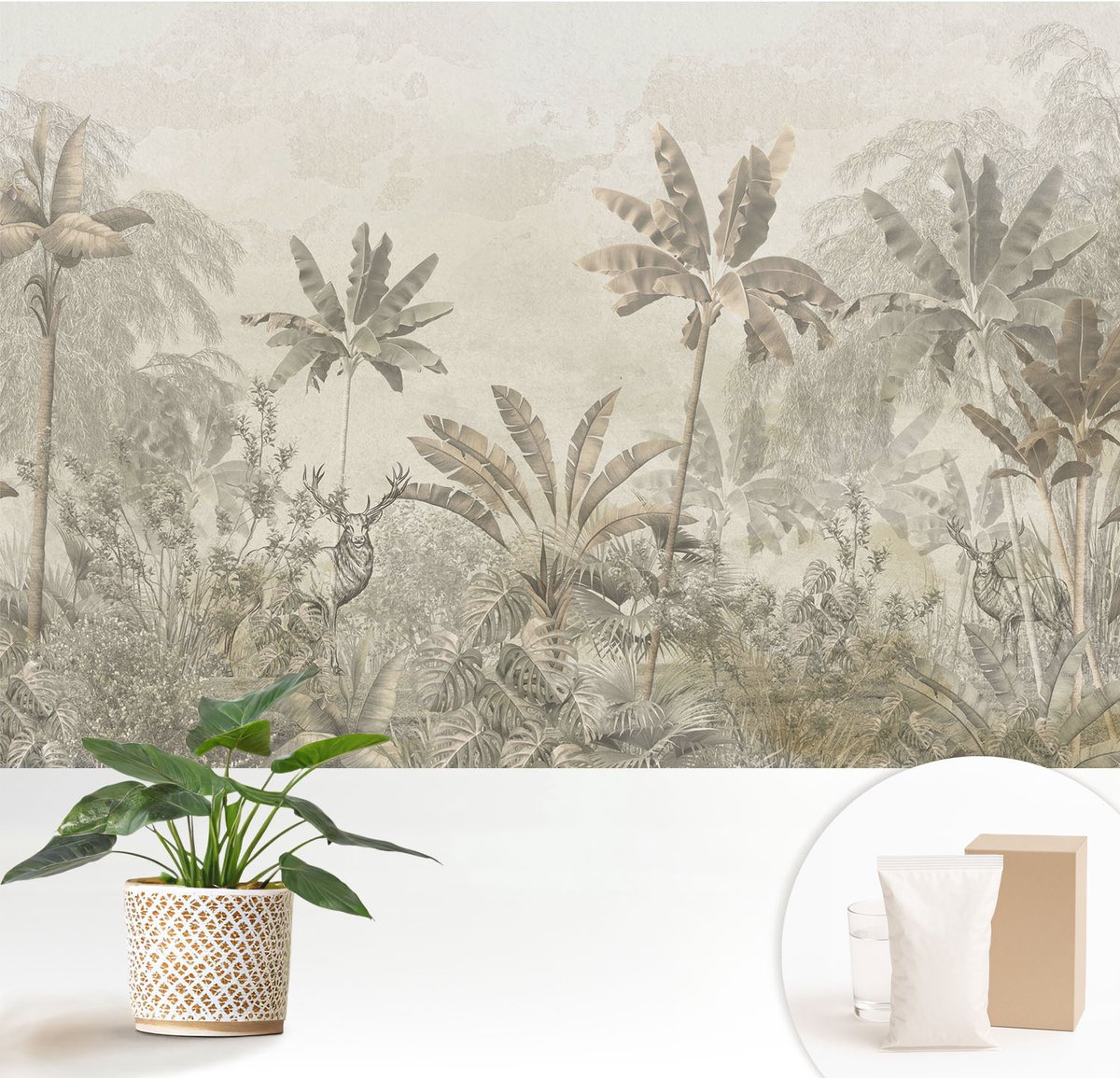 Wallfluent Fotobehang - Grijs Vliesbehang - 152x104 cm - Tropische Jungle Muurschildering - Gang behang Bloemen En Planten - Fotobehang Vlies - Slaapkamer behang