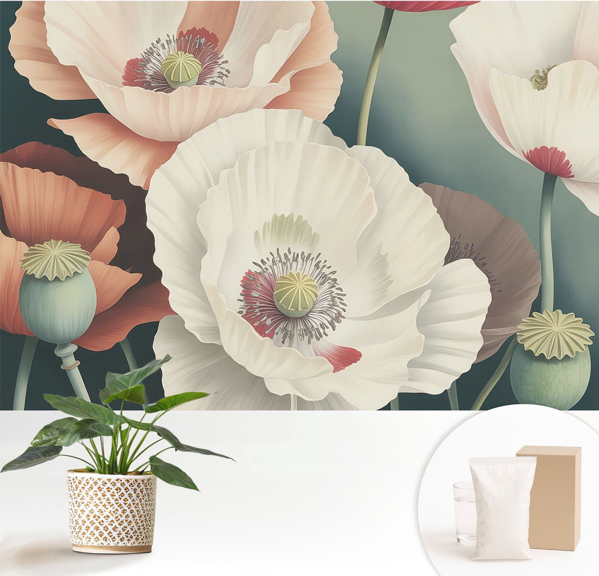 Wallfluent Fotobehang - Wit Vliesbehang - 152x104 cm - Bloemenpracht Muurschildering - Gang behang Bloemen En Planten - Fotobehang Vlies - Slaapkamer behang