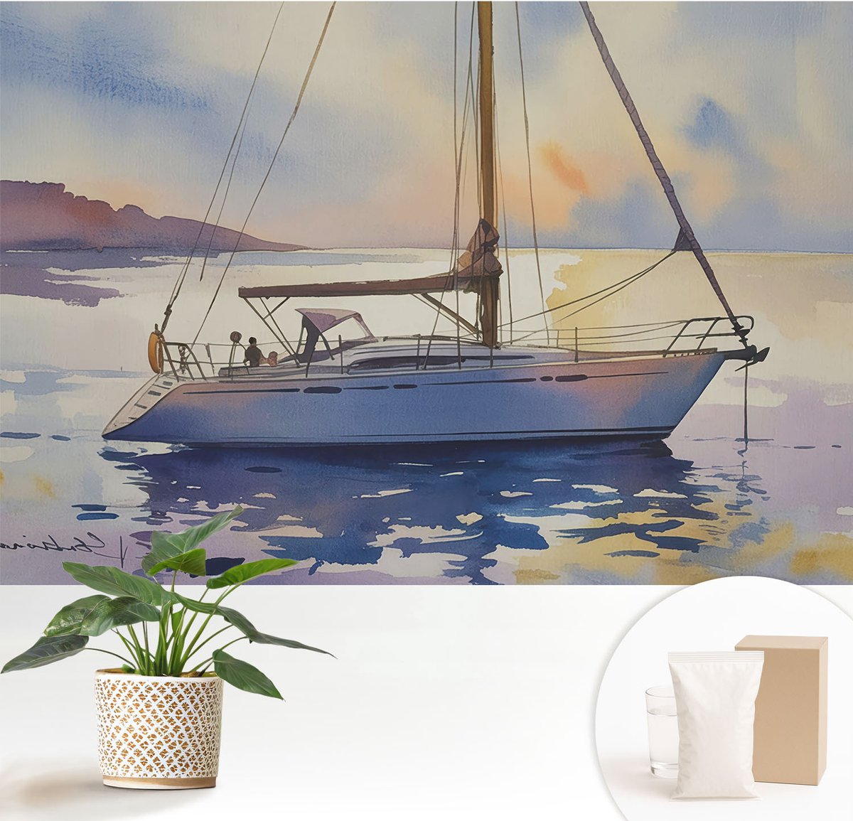 Wallfluent Fotobehang - Blauw Vliesbehang - 152x104 cm - Zeilboot West Fotobehang Vlies - Hal behang Landschappen - Muurschildering - Woonkamer behang