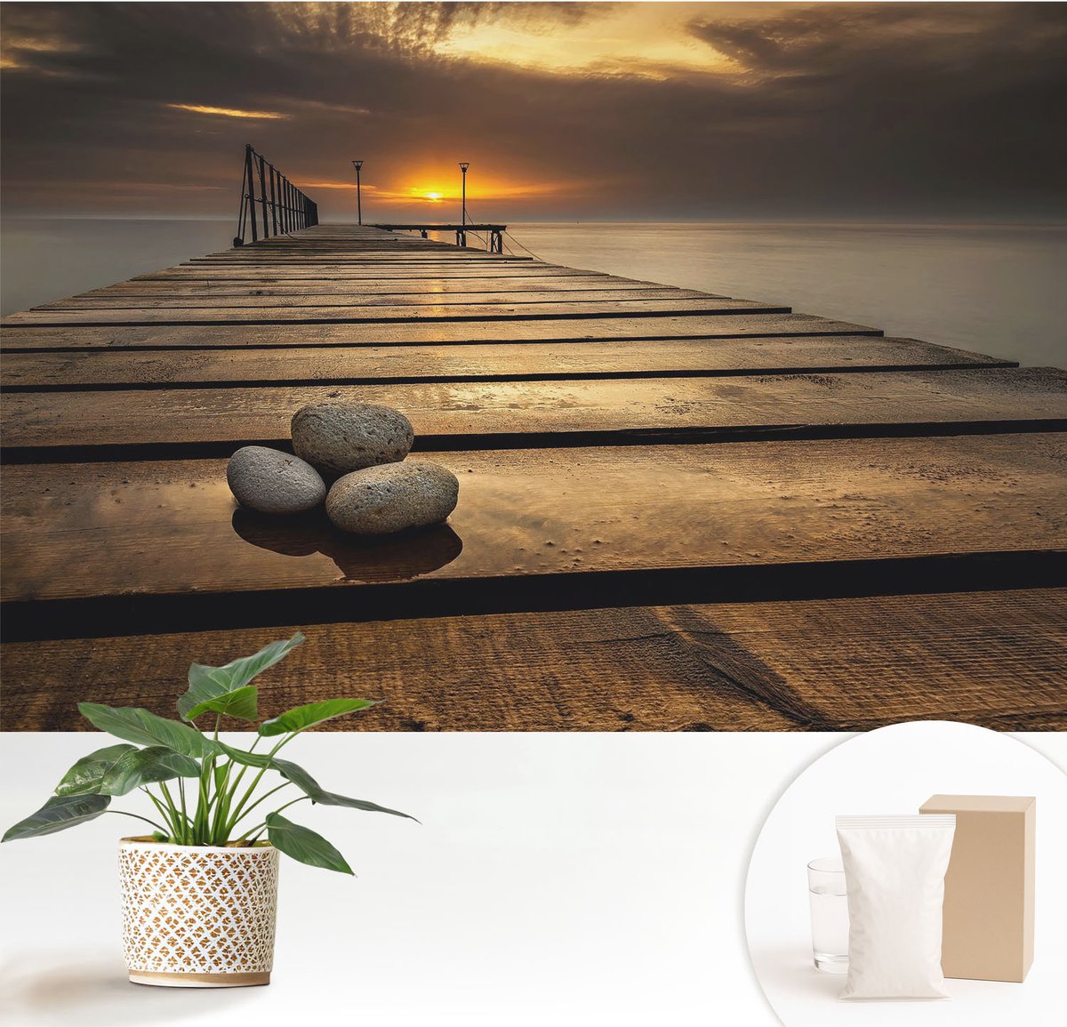 Wallfluent Fotobehang - Bruin Vliesbehang - 152x104 cm - Zonsondergang Muurschildering - Slaapkamer behang Landschappen - Fotobehang Vlies - Slaapkamer behang