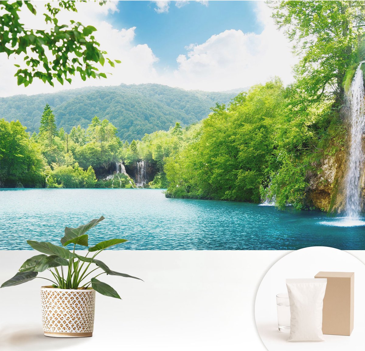 Wallfluent Fotobehang - Groente Vliesbehang - 152x104 cm - Natuurlijke Waterval Muurschildering - Gang behang Landschappen - Fotobehang Vlies - Slaapkamer behang