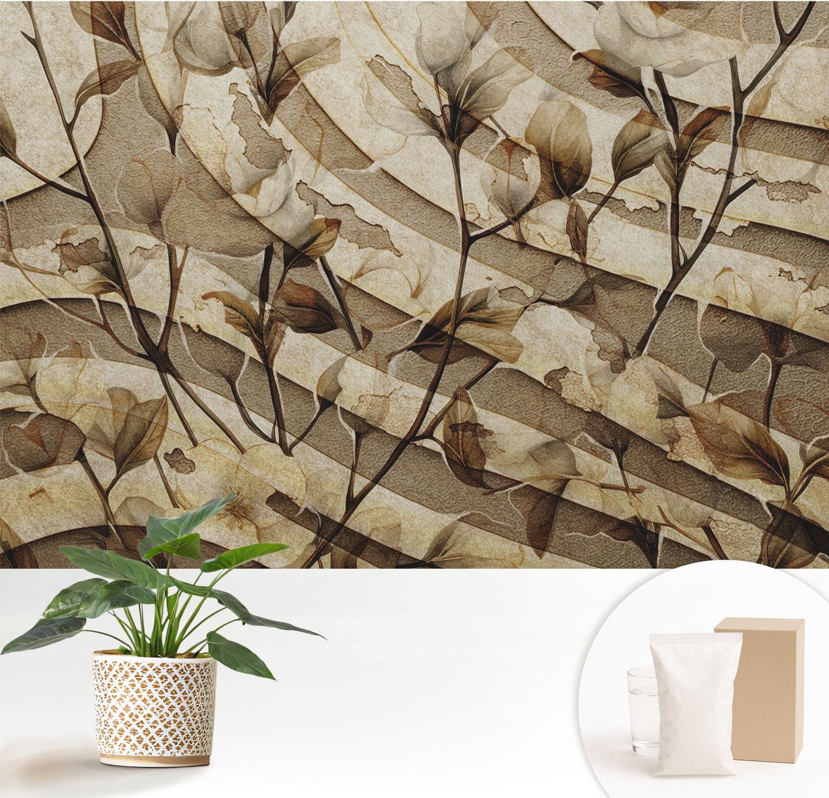 Wallfluent Fotobehang - Beige Vliesbehang - 152x104 cm - Klassieke Flora Fotobehang Vlies - Hal behang Bloemen En Planten - Muurschildering - Woonkamer behang