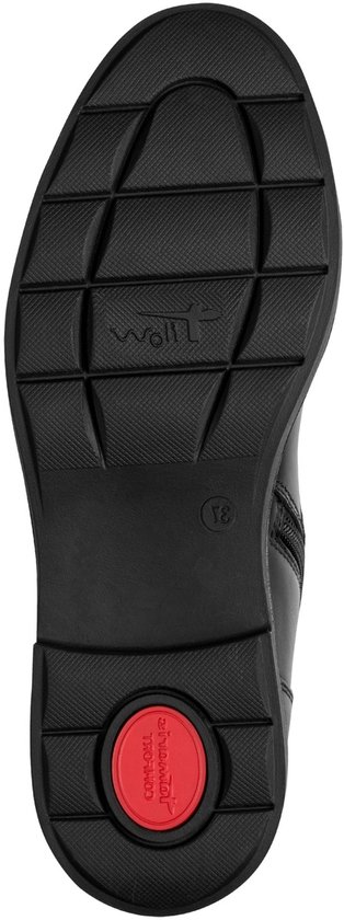 Zwarte laarszool met profiel en rode 'Comfort-first' inzet.