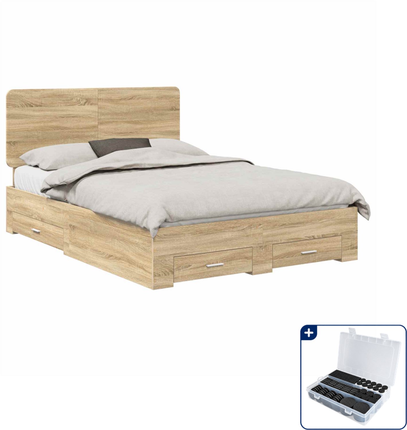 vidaXL Bedframe met lade - 140 x 190 cm - bewerkt hout - sonoma eiken - Inclusief antikrasvilt 177-delig Bruin