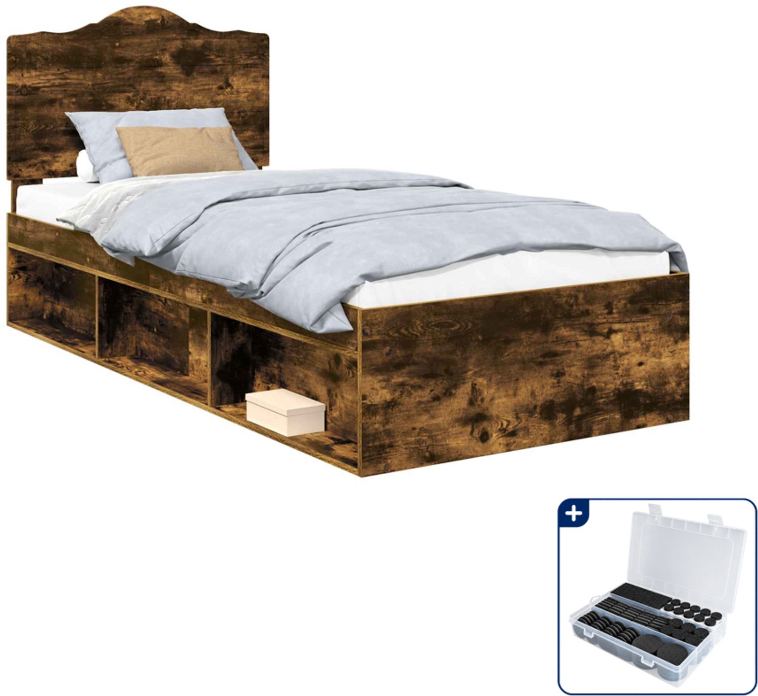 vidaXL Bedframe - 90 x 200 cm - bewerkt hout - gerookt eiken - Inclusief antikrasvilt 177-delig Bruin