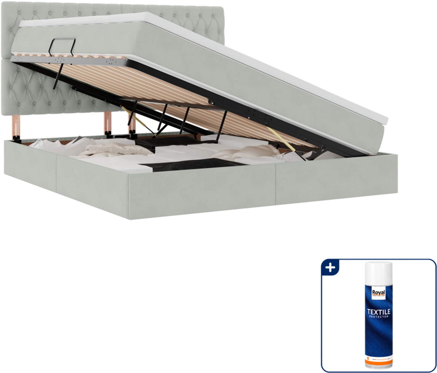 vidaXL Queensize opbergbed met matras - 160 x 200 cm - lichtgrijs - Inclusief textielbeschermer 500 ml Wit