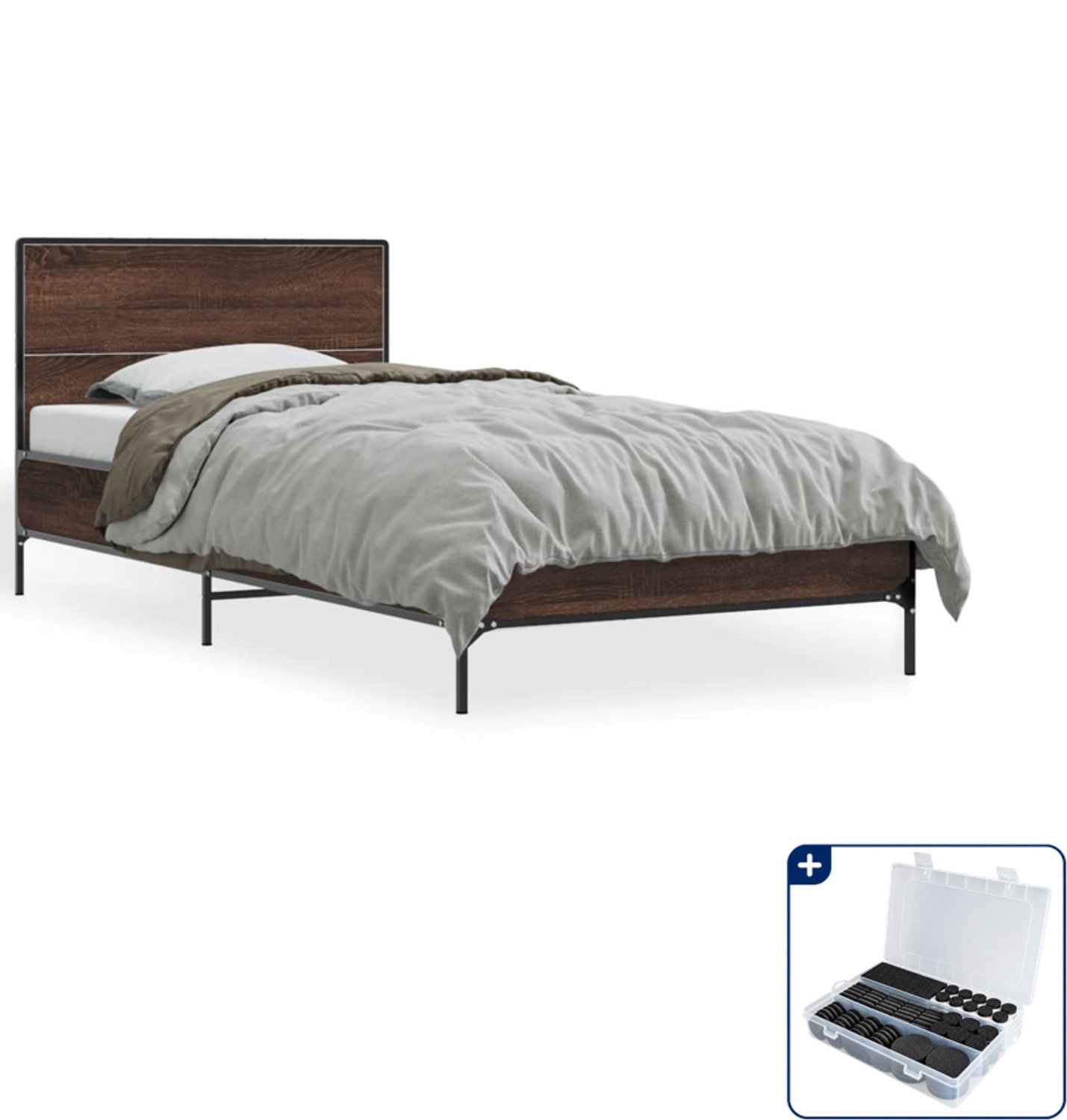 vidaXL bedframe - 100 x 200 cm - bewerkt hout en metaal - bruineiken - Inclusief antikrasvilt 177-delig