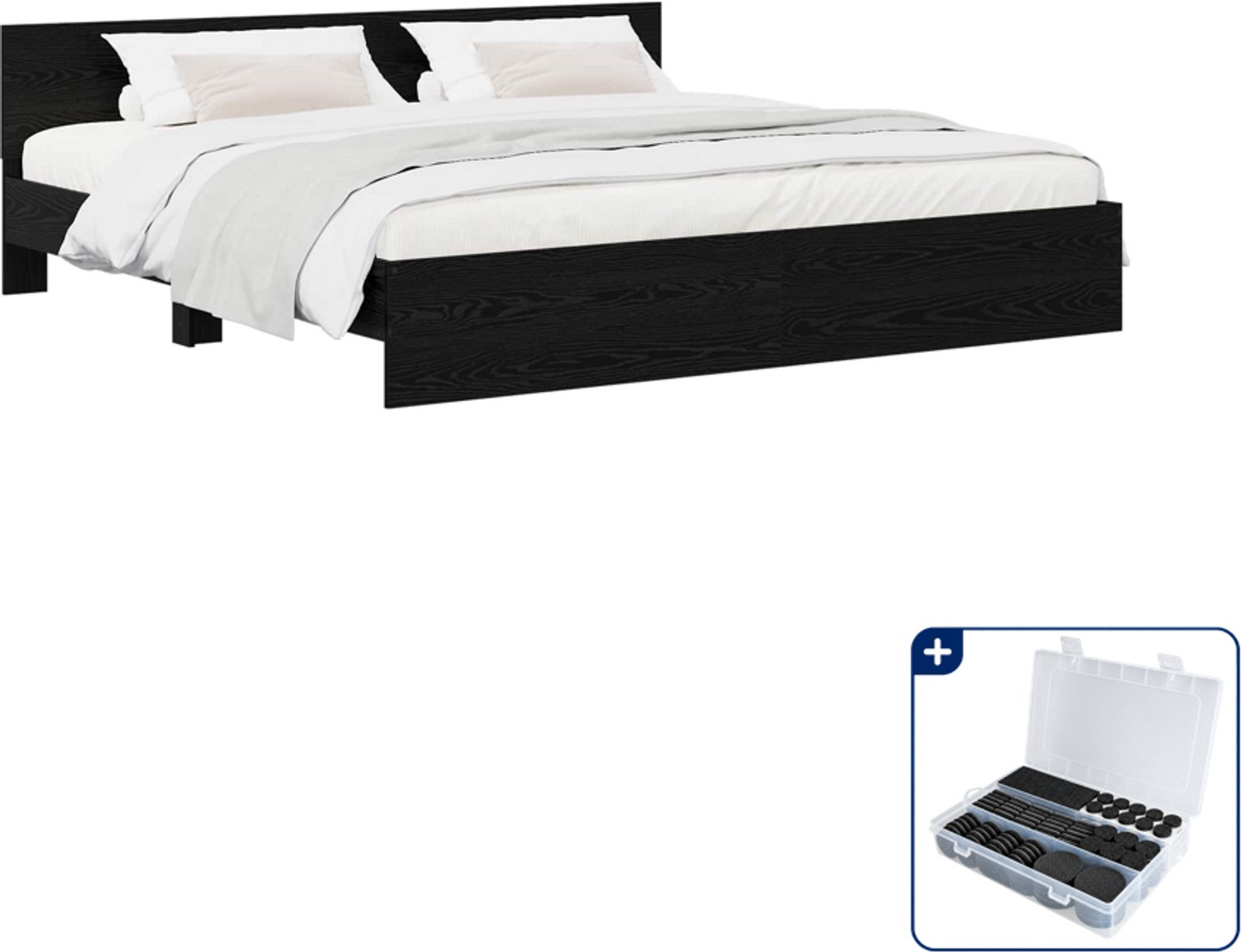 vidaXL bedframe met hoofdbord - 200 x 200 cm - bewerkt hout - zwart eiken - Inclusief antikrasvilt 177-delig