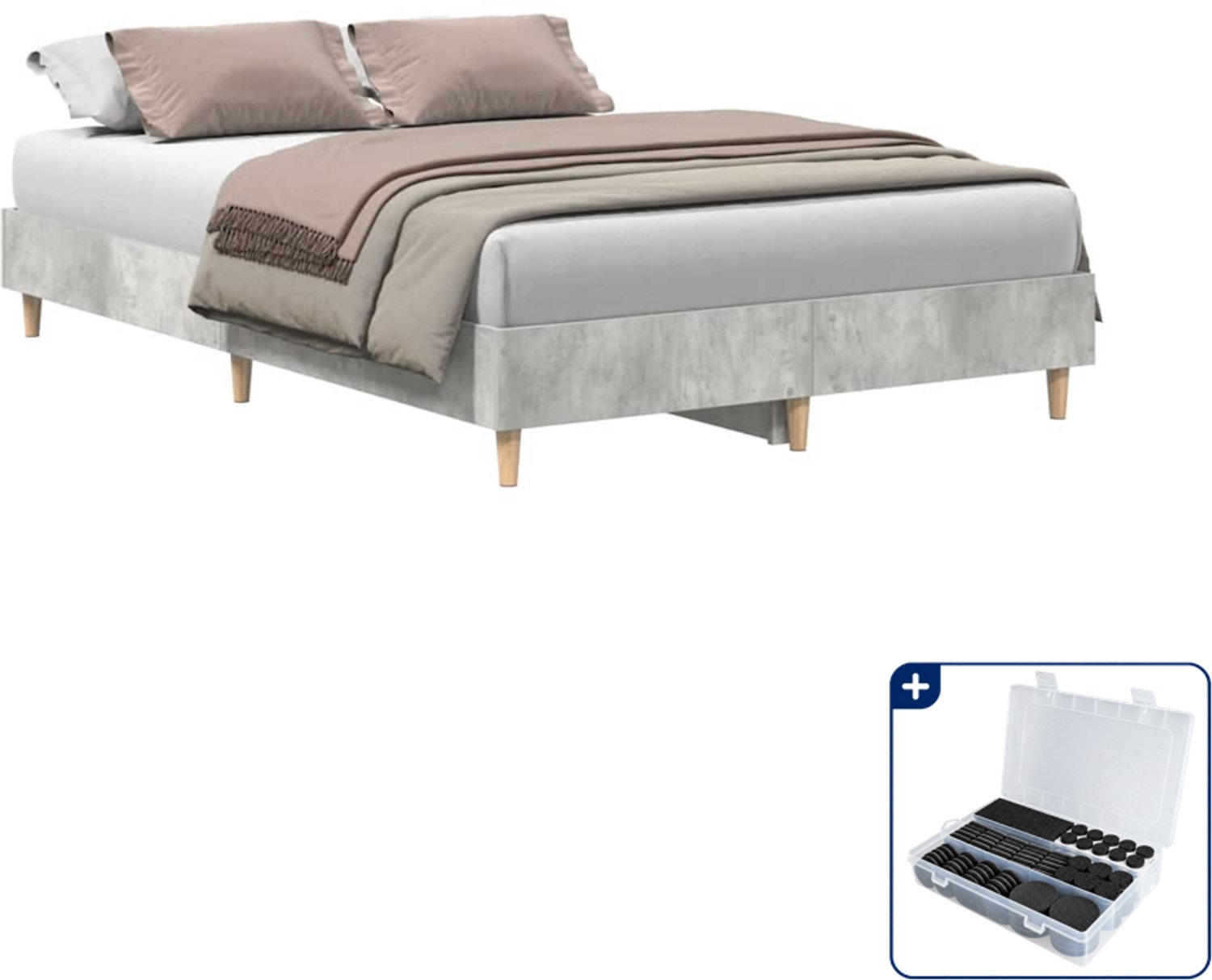 vidaXL bedframe - 120 x 200 cm - bewerkt hout - betongrijs - Inclusief antikrasvilt 177-delig