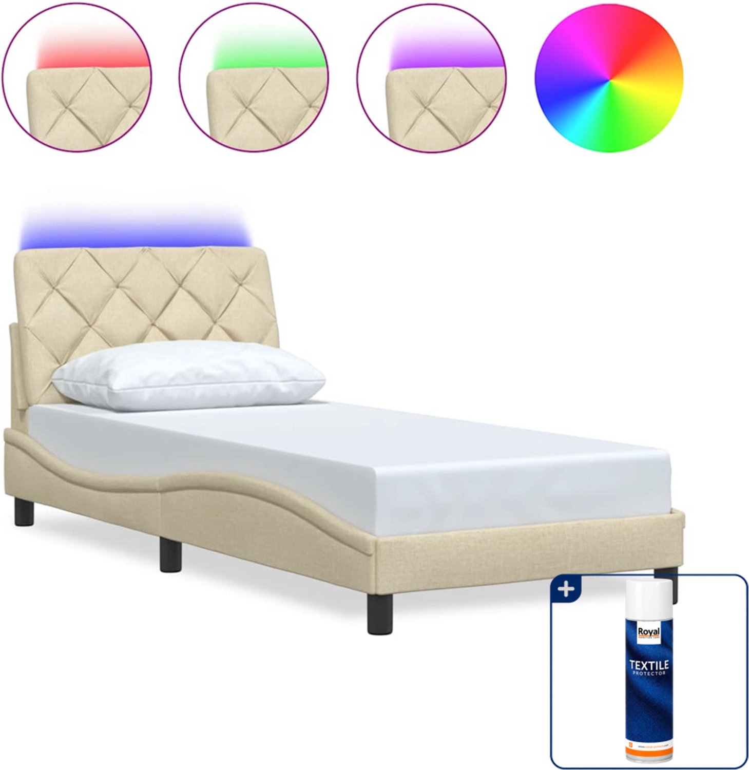 vidaXL bedframe met LED - 90 x 190 cm - stof - crèmekleurig - Inclusief textielbeschermer 500 ml