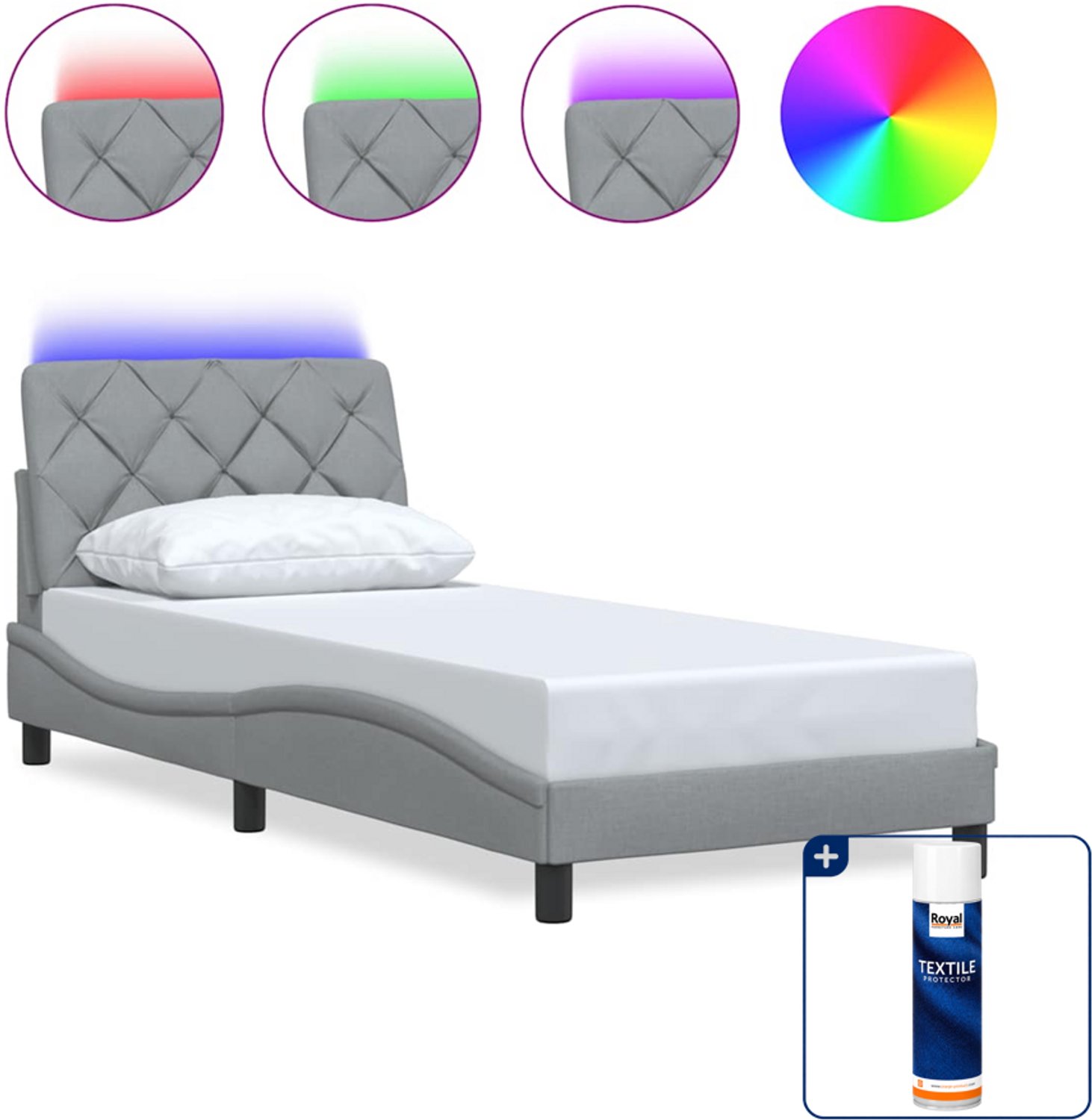 vidaXL bedframe met LED - 90 x 200 cm - stof - lichtgrijs - Inclusief textielbeschermer 500 ml