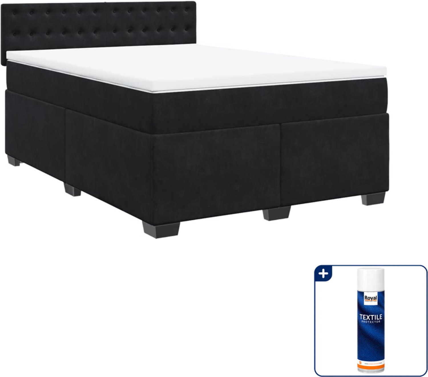 vidaXL boxspring met matras - 140 x 190 cm - fluweel - zwart - Inclusief textielbeschermer 500 ml