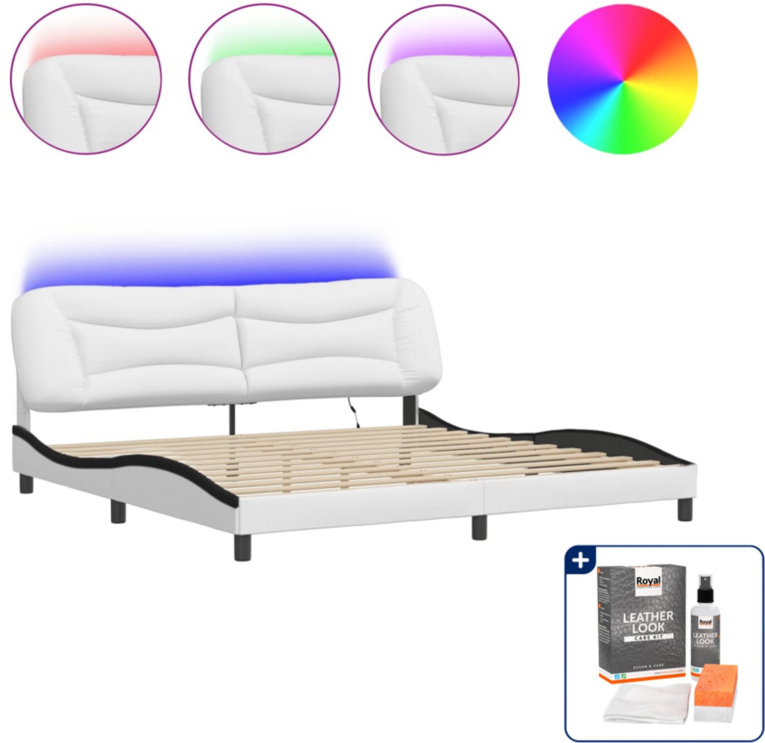 vidaXL Hvar bedframe - 200 x 200 cm - kunstleer - wit en zwart - Inclusief onderhoudsset voor kunstleer 150 ml