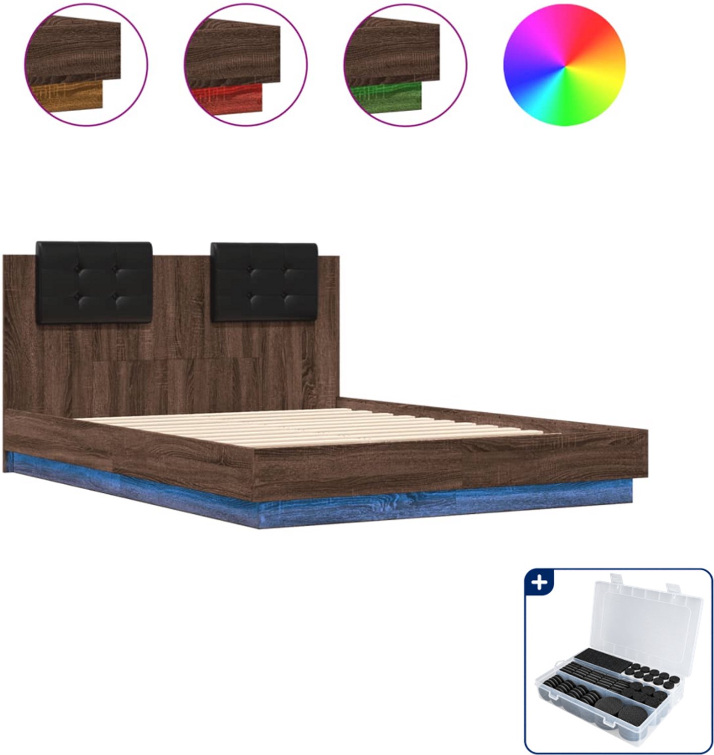 vidaXL bedframe met hoofdbord en LED - 120 x 190 cm - bruineiken - Inclusief antikrasvilt 177-delig Zwart