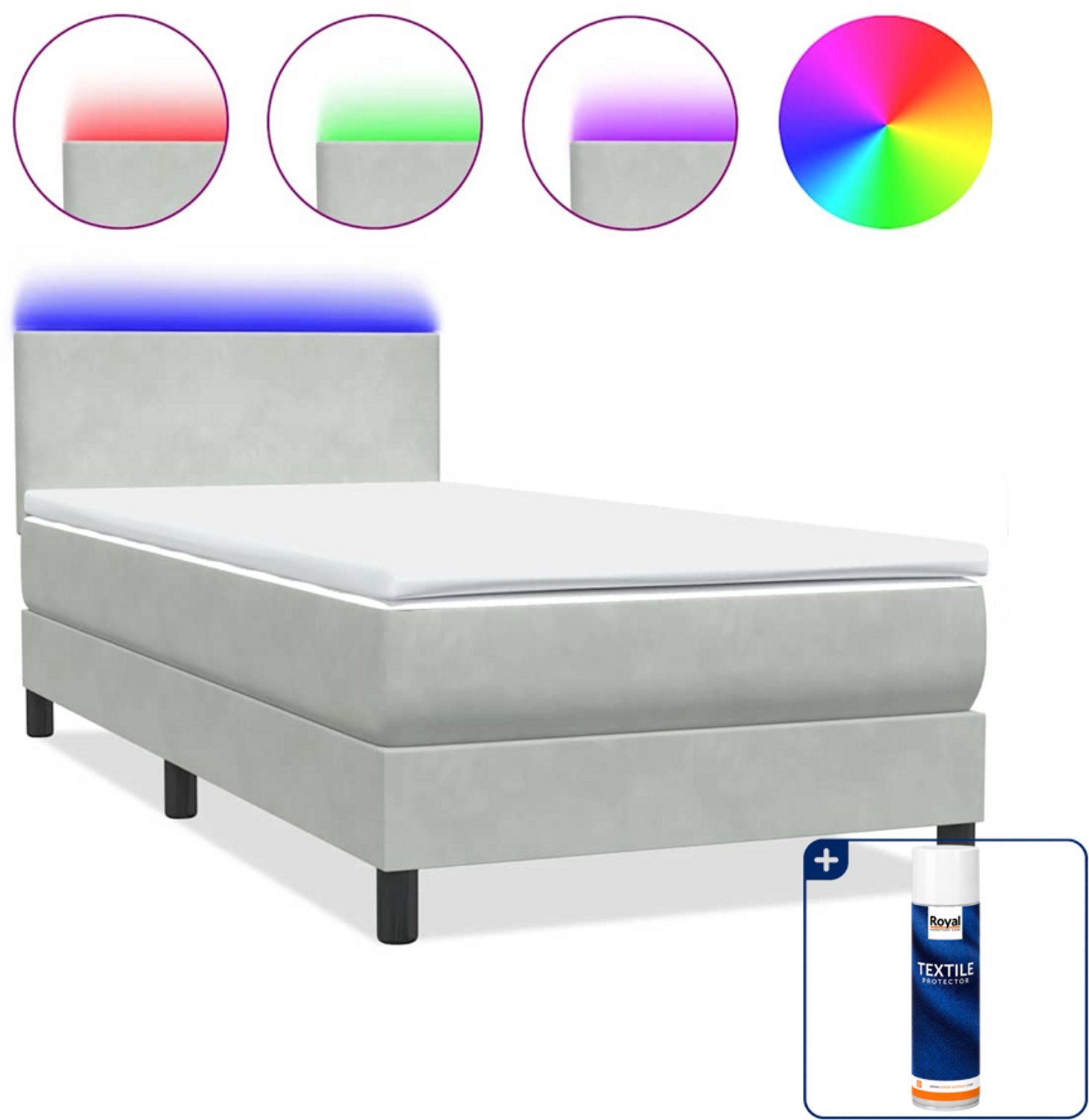 vidaXL boxspring met matras en led - 80 x 220 cm - fluweel - lichtgrijs - Inclusief textielbeschermer 500 ml Bruin