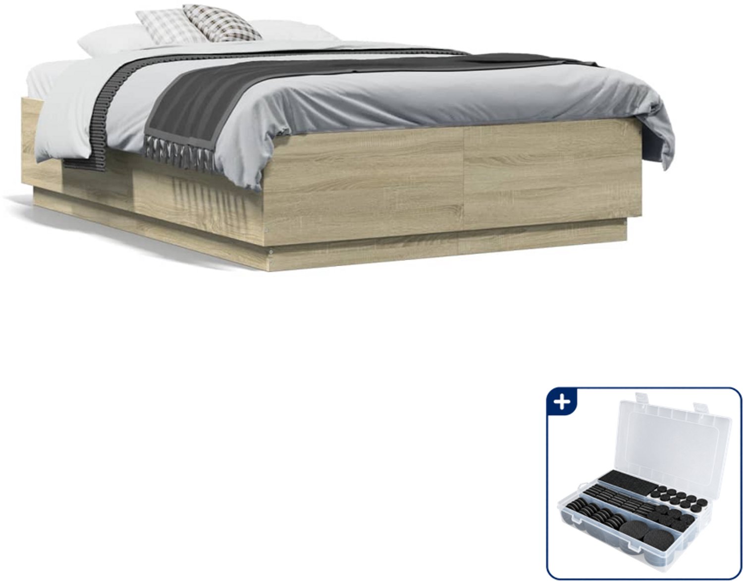 vidaXL bedframe - 135 x 190 cm - bewerkt hout - sonoma eiken - Inclusief antikrasvilt 177-delig Zwart