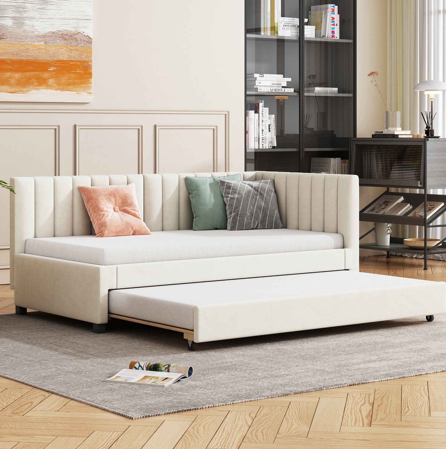 Maisentiel Gestoffeerde slaapbank 90 x 200 cm met uitschuifbaar bed en lattenbodem - beige Wit