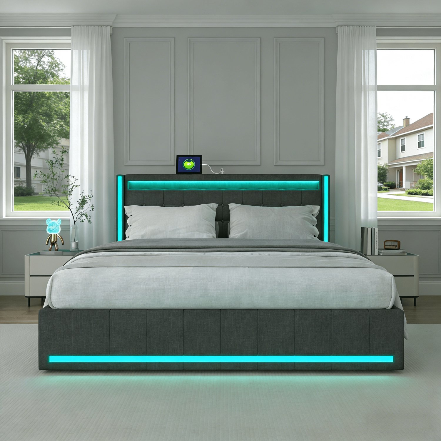 Yelenaro Tweepersoonsbed 160x200 cm met 4 opberglades, Gestoffeerde hoofdeinde met LED-verlichting en USB-poort, 2 Persoons Bedframe 160 x 200 cm met lattenbodem, Linnen, Grijs